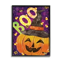 Stupell Industries Boo Jack-o-lámpás Halloween cukorka Ünnep festmény fekete keretes művészet nyomtatás fal művészet