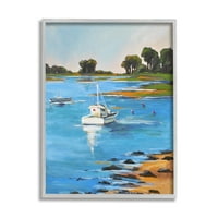 Stupell Industries kortárs csónakázási tó táj tiszta kék víz part menti festmény szürke keretes művészeti nyomtatott