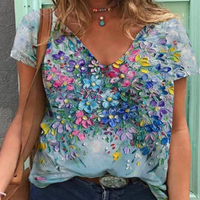 Női nyári felsők Divat Virágmintás pólók nőknek V nyakú Rövid ujjú laza blúz mindennapi viselethez