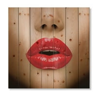 Designart 'Szexi nő ajkak gyönyörű smink közeli csók' Modern nyomtatás természetes fenyőfán