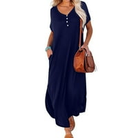 Női nyári ruhák Női laza fél szilárd V-nyakú középhosszú Rövid ujjú Sun Dress Blue XL