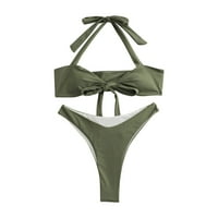 TKing Divat Női Két Bikini Fürdőruha Szilárd Kötőfék Csokornyakkendő Párnázott Fürdőruhák Zöld M