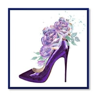 Designart 'rózsaszín ibolya rózsák sötét lila stiletto cipővel' hagyományos keretes vászon fali művészet