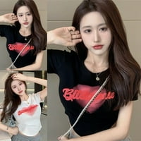Crop Top női Levél nyomtatott rövid ujjú kerek nyak koreai stílusú póló Fekete XXL