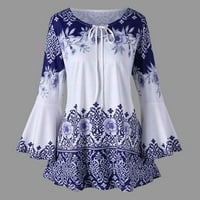 yuehao pólók Női divat női molett méretű nyomtatott flare hüvely felsők blúzok kulcslyuk pólók