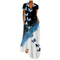 Női ruhák HIMIWAY női divat új nyári pillangó Pozícionáló nyomtatás V-nyakú Rövid ujjú ruha Kék XXL